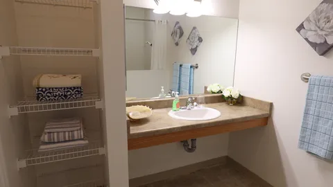 Bathroom vanity with a sink, mirror and open shelving