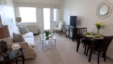 Room with a sofa, chairs, a television and a dining table beside windows