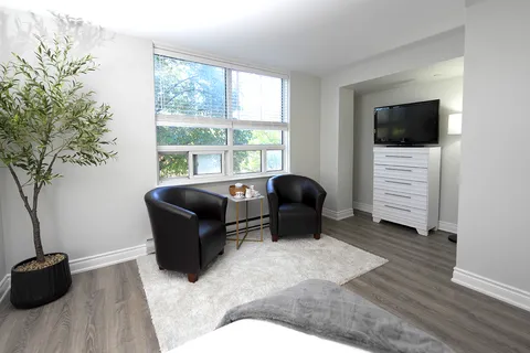 Sitting area with two black armchairs, a small table, a television and a tall plant