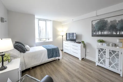 Bedroom with a bed, white cabinets, a television and a framed picture of trees