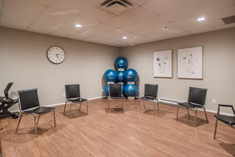 Exercise room with black chairs and blue exercise balls