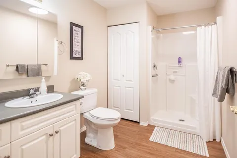 Bathroom with a sink, a toilet and a shower with a white curtain