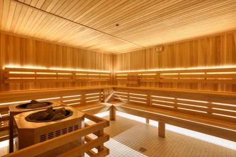 Wood-lined sauna with tiered benches and a heater.