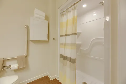Bathroom shower with grab bars and a striped curtain
