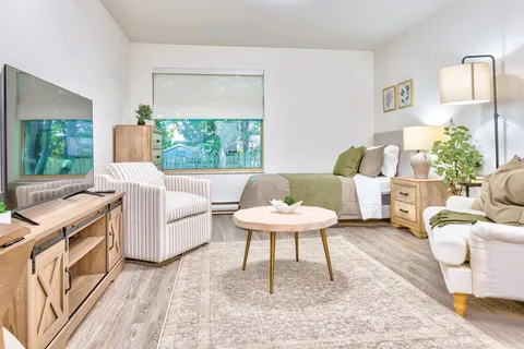 Studio living area with armchairs, a television and a coffee table.