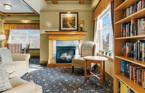 Seating area with a fireplace, armchair and library shelves.