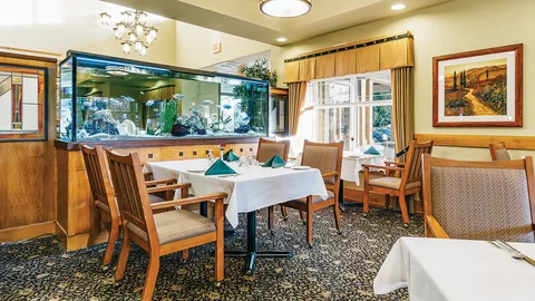 Dining room with set tables, wooden chairs and an aquarium.