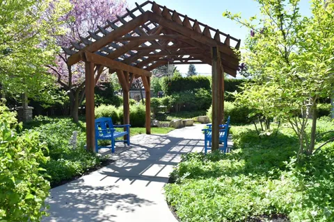 Garden pergola with chairs, planters and flowering shrubs