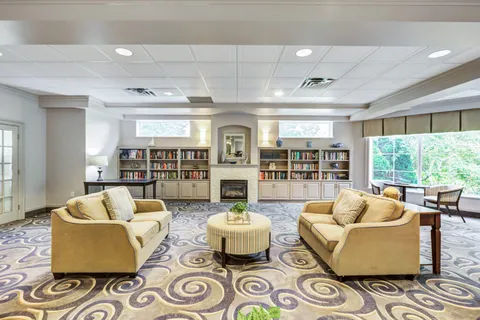 Room with two sofas, bookcases, a fireplace and patterned carpet
