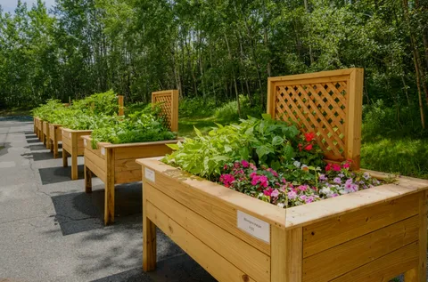 Raised wooden planters with flowers and leafy plants beside a wooded area.