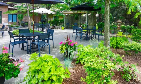 Patio with dining tables, parasols and flower beds
