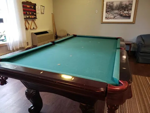 Billiards table in a room with a framed landscape picture
