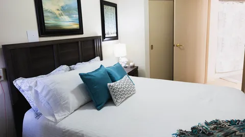 Bedroom with a dark wooden headboard, white bedding and blue cushions