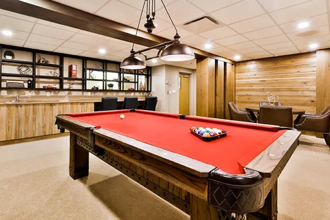 Room with a pool table, chairs and display shelves