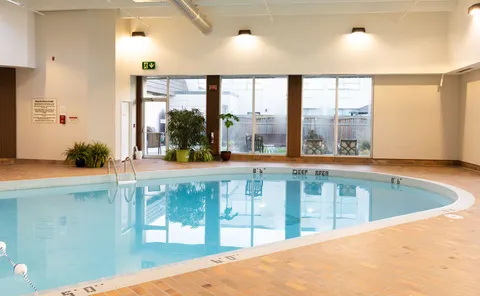 Indoor swimming pool with a tiled deck, plants and large windows