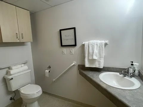 Bathroom with a toilet, sink, vanity and grab rails