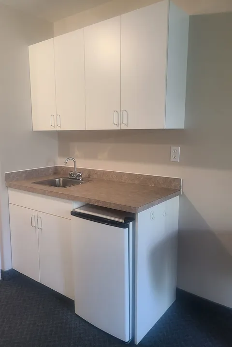 Kitchenette with cabinets, sink and a small refrigerator.