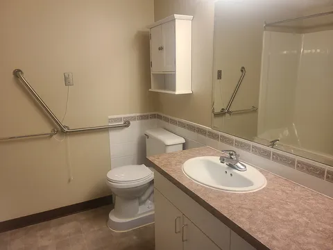 Bathroom with a toilet, vanity and grab rails.