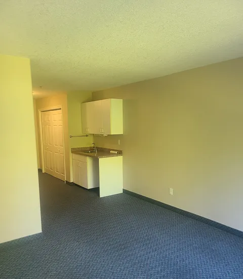 Empty suite with a kitchenette and carpeted floor.