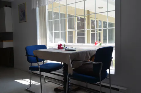 Small table with two blue chairs beside a sunlit window