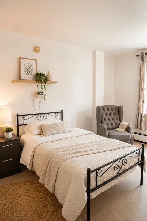Bedroom with a wrought-iron bed, armchair, bedside table and potted plant