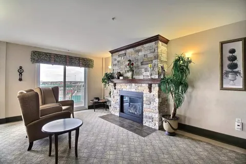 Room with armchairs, a stone fireplace and potted plants