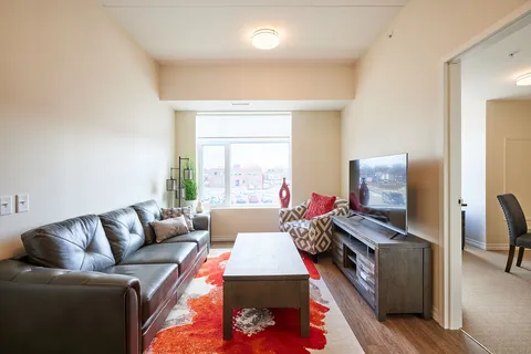 Room with a leather sofa, a patterned armchair, a television and a coffee table