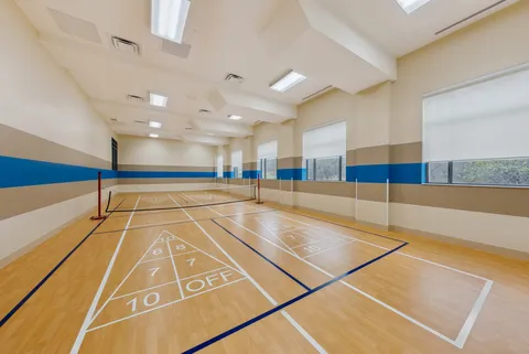 Indoor sports court with shuffleboard markings and a net.