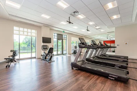 Fitness room with treadmills and exercise equipment beside windows.