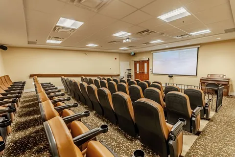 Rows of theatre chairs facing a projection screen