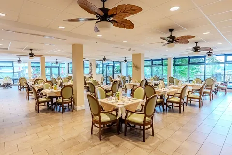 Dining tables and chairs beside large windows