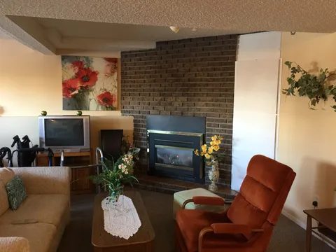 Living room with a sofa, orange armchair, coffee table and brick fireplace