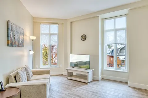 Suite living room with armchairs, a television and tall windows.