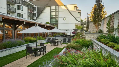 Courtyard with outdoor tables, umbrellas, planted beds and a fountain.