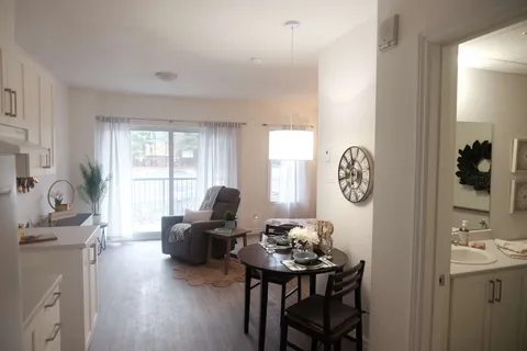 Studio suite with a kitchen, dining table and seating.
