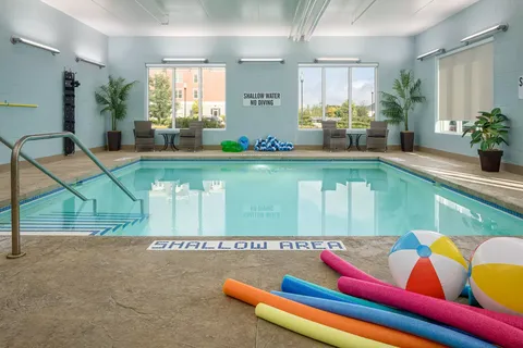 Indoor swimming pool with plants, windows and pool equipment.