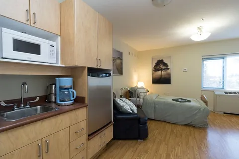 Suite with a kitchenette, bed, armchair and framed tree picture