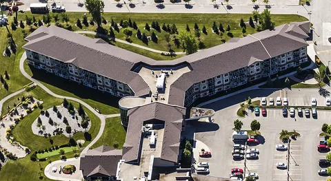 Aerial view of Concordia Village III with paths and planted grounds.