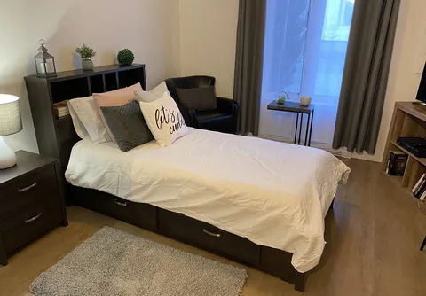 Bedroom with a single bed, dark armchair, bookshelves and curtained window