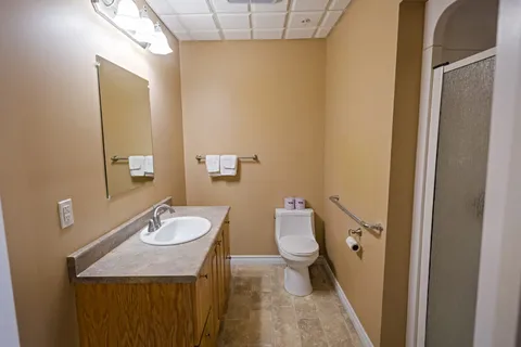 Bathroom with a vanity, toilet, shower and grab bars
