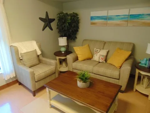 Room with an armchair, sofa, coffee table and potted plants