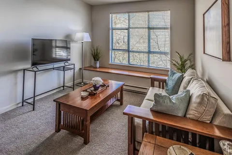 Sitting area with a sofa, coffee table, television and potted plants