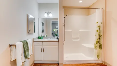 Suite bathroom with a walk-in shower, sink and grab rails.