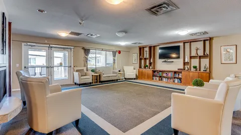 Lounge with armchairs, bookcases and a television.