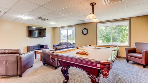 Games room with a pool table, sofas and windows.