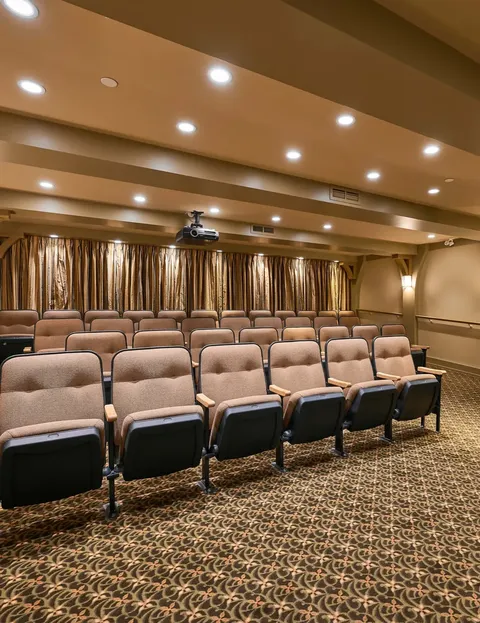 Theatre with rows of upholstered seats, ceiling lights and curtains.