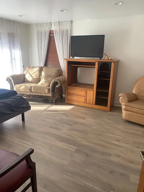 Sitting area with an armchair, television cabinet and pale curtains