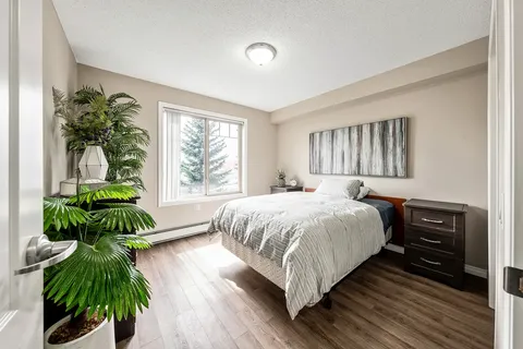 Bedroom with a double bed, bedside drawers, abstract artwork and a window