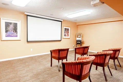 Armchairs facing a blank projection screen