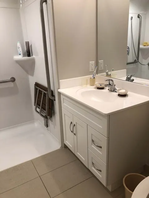 Bathroom with vanity, mirror and grab rails.